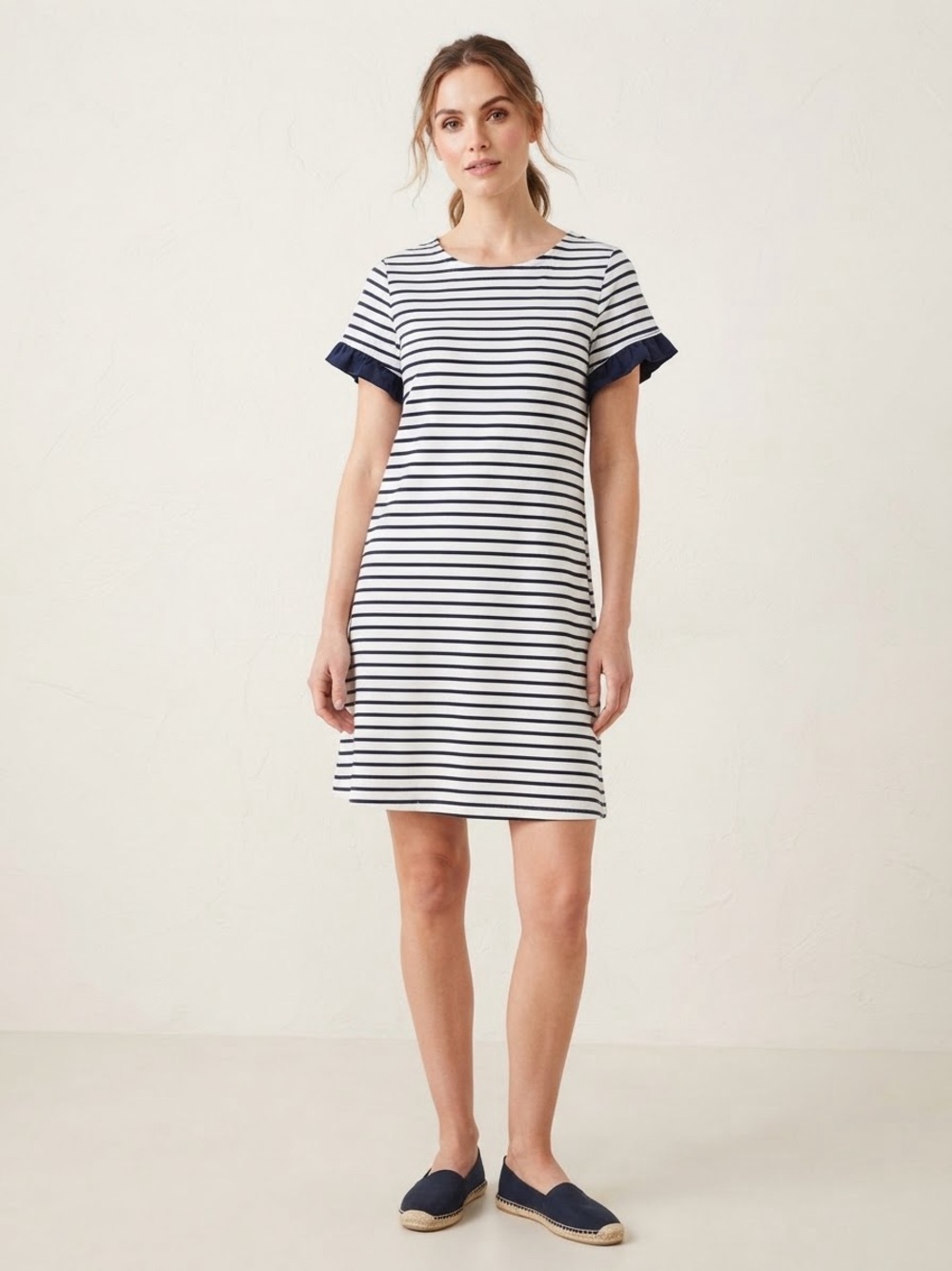 Duffield Lane Navy and White Striped Ruffle Sleeve T-Shirt Dress